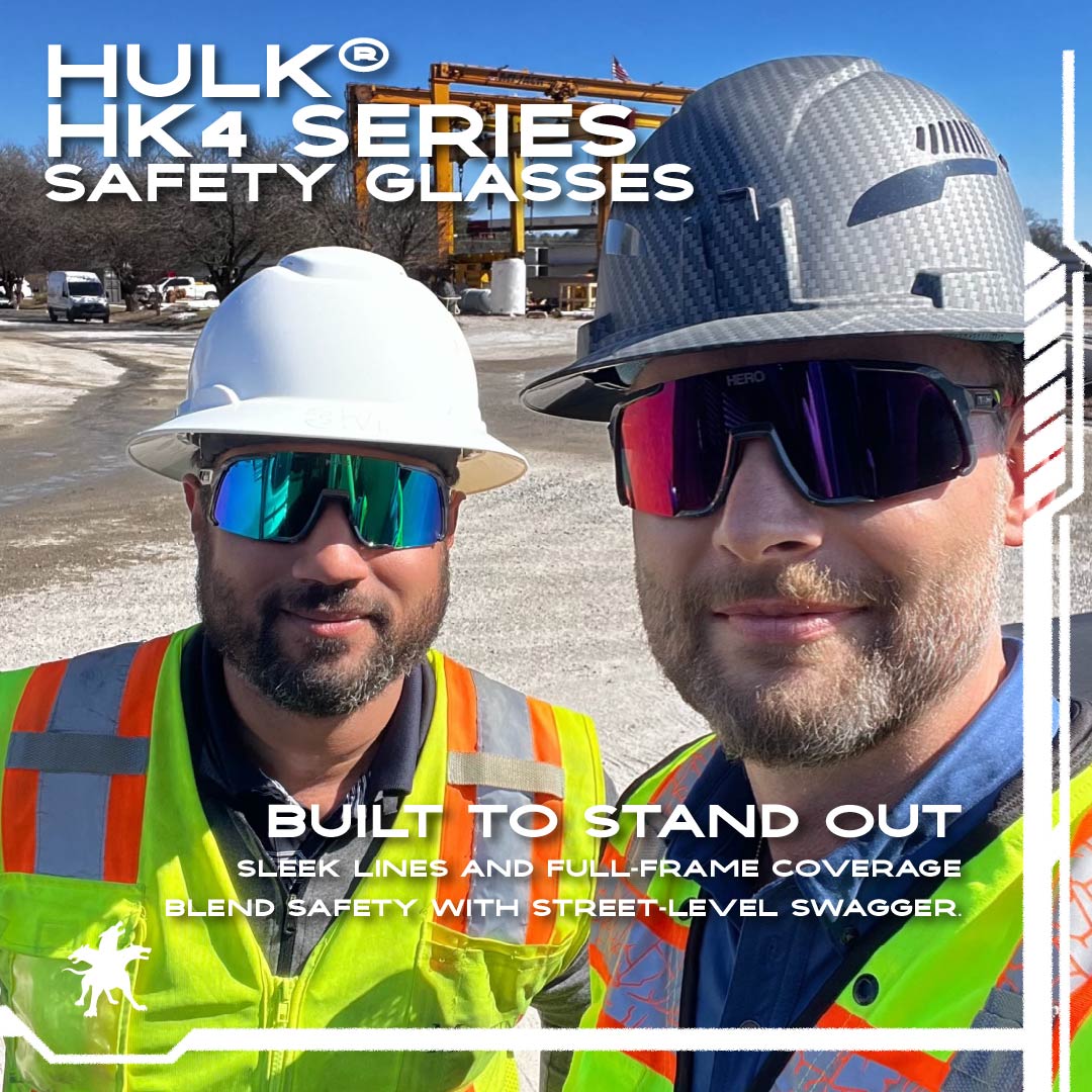 MCR Safety Hulk HK4 Safety Glasses worn by construction workers wearing hard hats