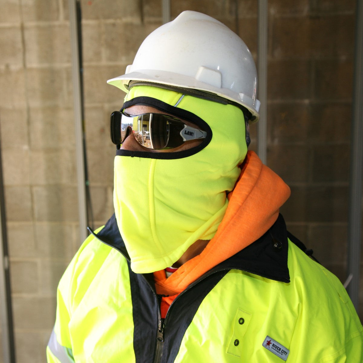 MCR Safety OG112AF Law OTG Safety Glasses worn by worker with hi-vis apparel