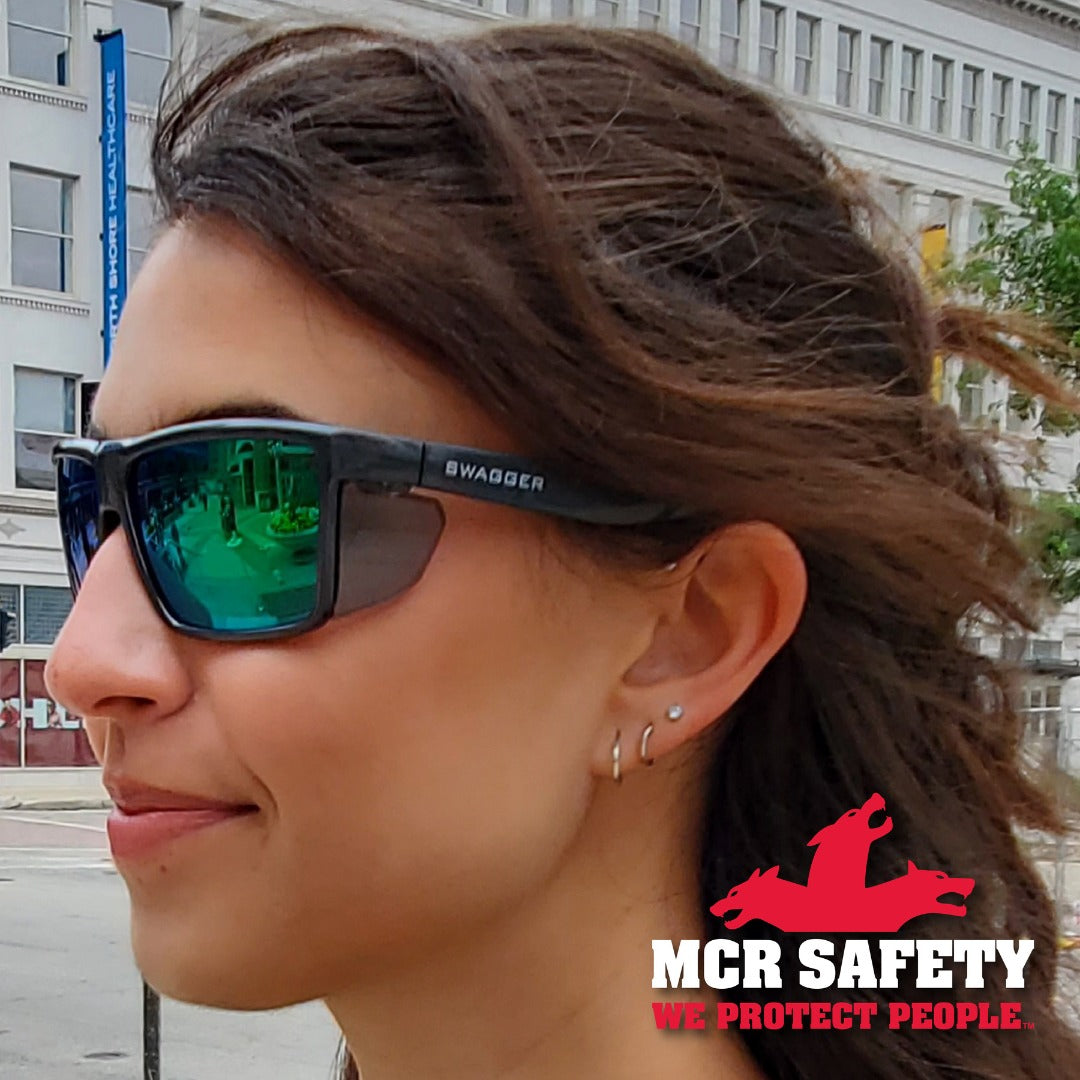 MCR Safety Swagger SR2 Safety Glasses with Charcoal Frame and Green Mirror Lenses worn by a woman