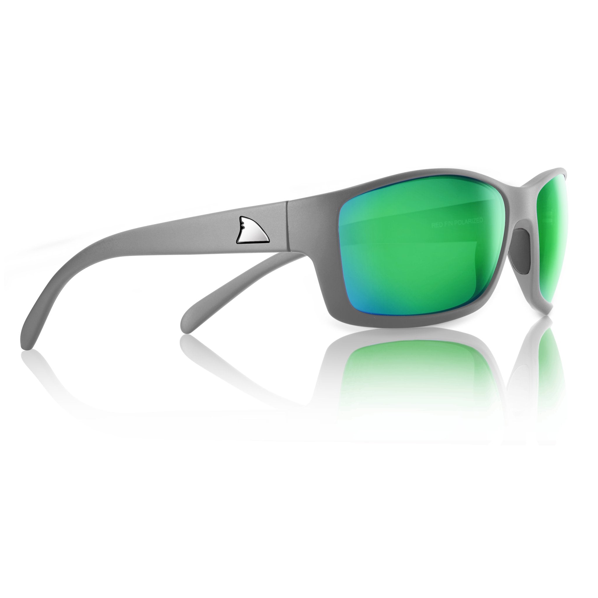 RedFin Outer Banks polarized fishing sunglasses with matte grey frames and reflective green lenses.