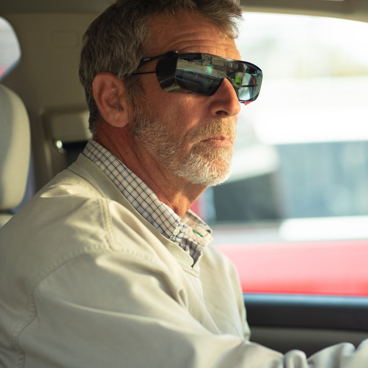 Pyramex S9920ST Cappture OTG Safety Glasses with Gray Lenses worn while driving a car