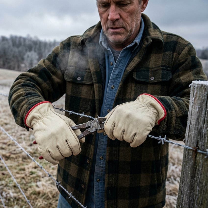 Farmer fixing a barb wire fence while wearing Pyramex GL4003K Insulated Leather Work Gloves and wearing a flannel jacket