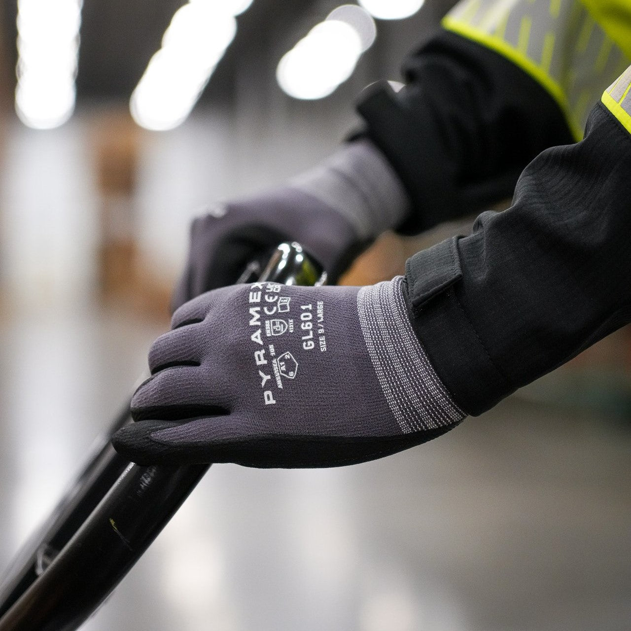 Pyramex GL601 Series Micro-Foam Nitrile Gloves worn on the gloves