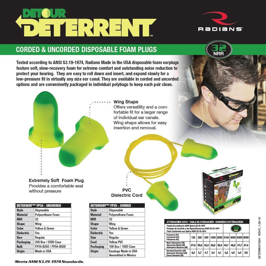 Radians Deterrent Disposable Foam Earplugs Made in USA Spec Sheet