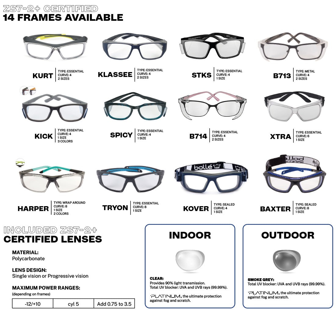 List of Bolle Prescription Safety Glasses frames available in the Seamless Vision Program