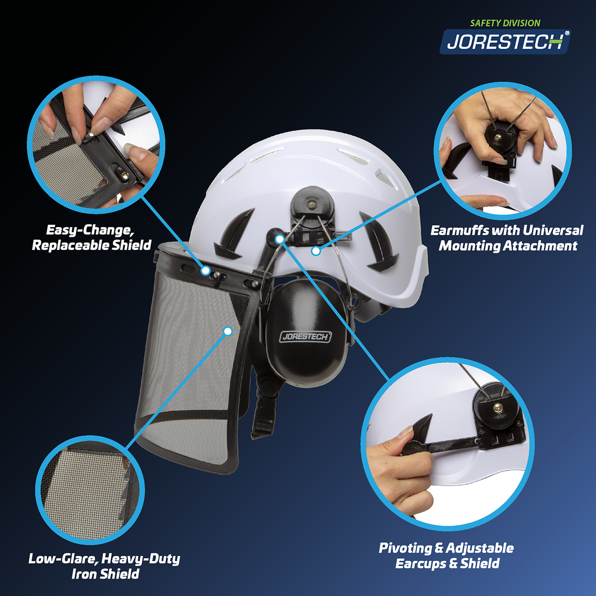 Jorestech Safety Helmet System with Iron Mesh Face Shield and Earmuffs