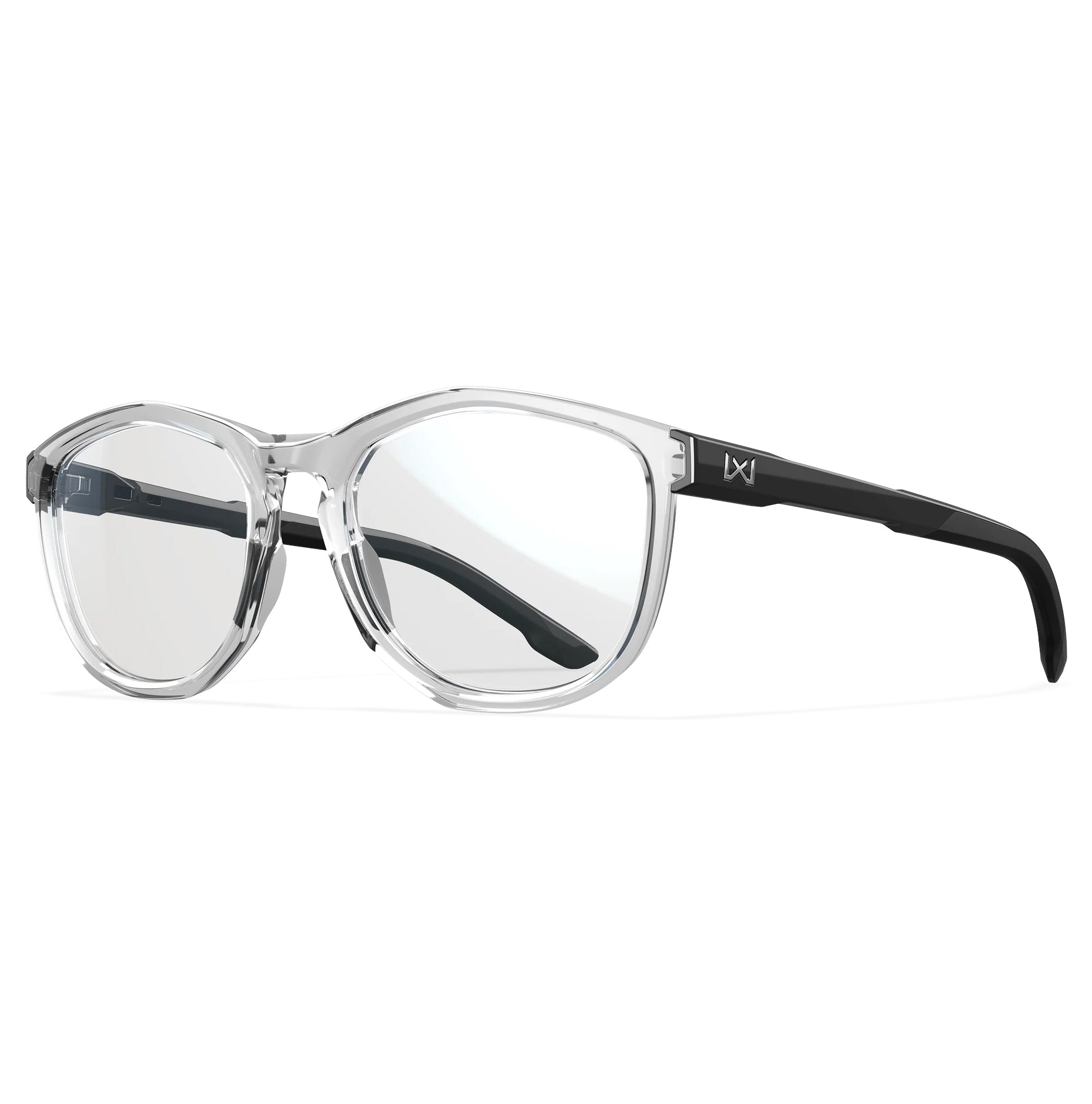 Wiley X Bravo prescription safety glasses with clear Triloid frame and black temples.