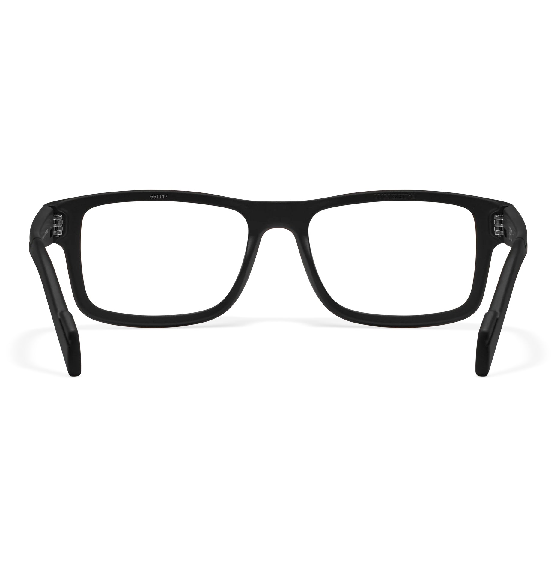 Black Wiley X Epic prescription safety glasses with rectangular frames and open temples.