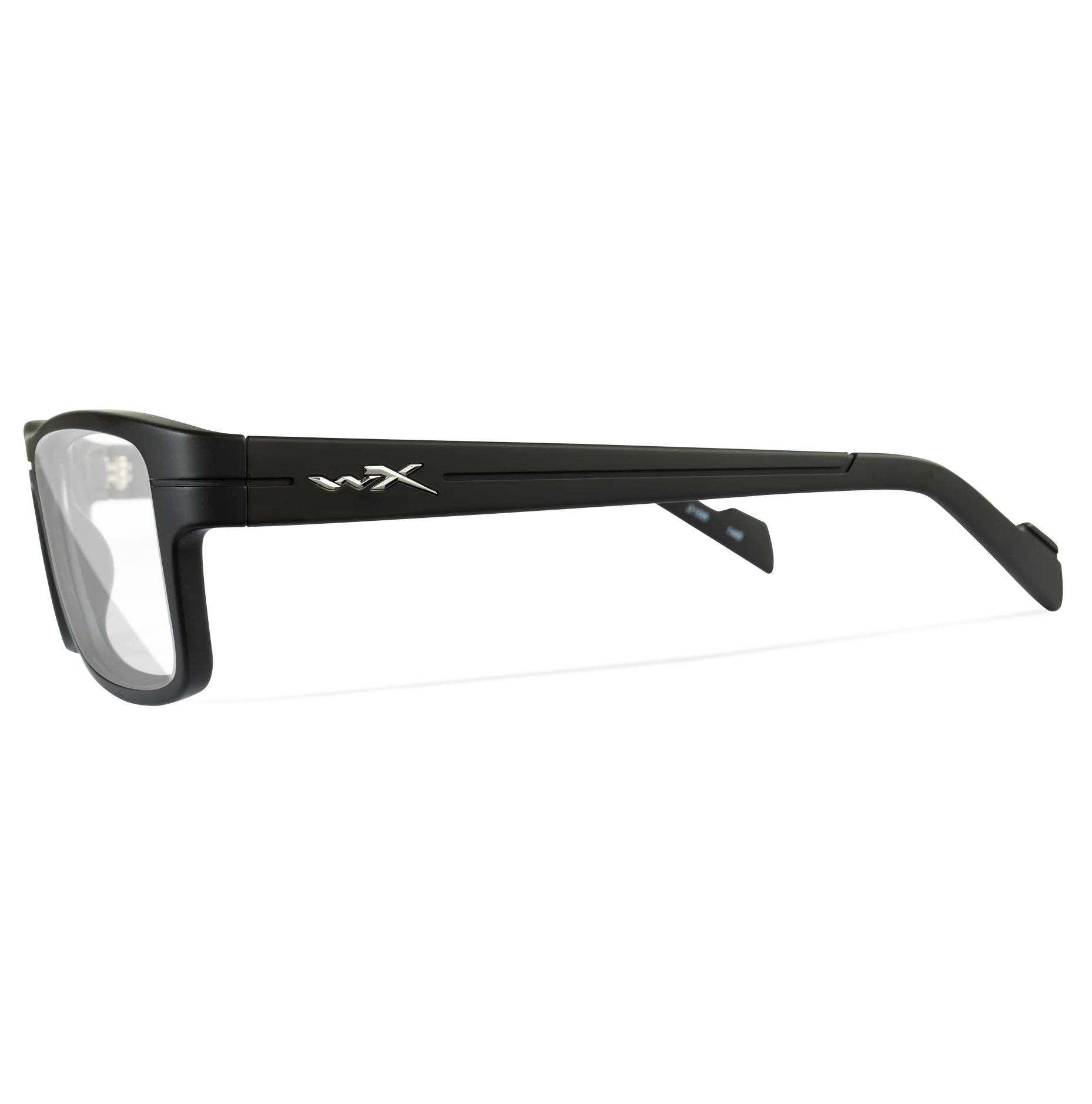 Black Wiley X Epic prescription safety glasses with clear lenses and silver WX logo.