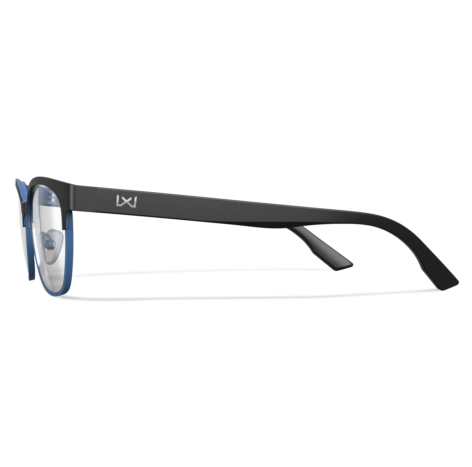 Wiley X Harmony Worksight prescription safety glasses with black temples and blue frames.