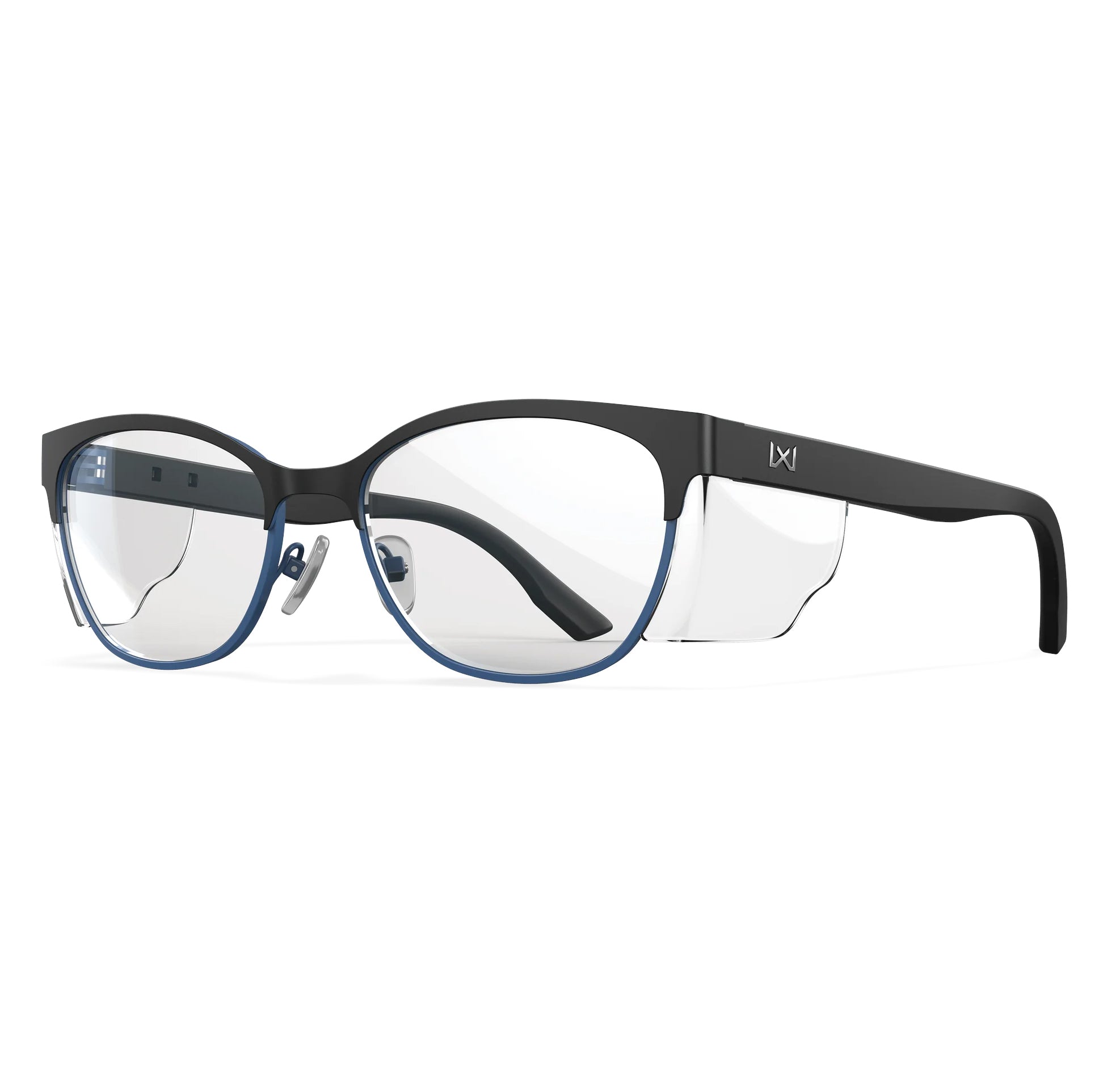 Black and blue Wiley X Harmony prescription safety glasses with clear lenses and removable side shields.