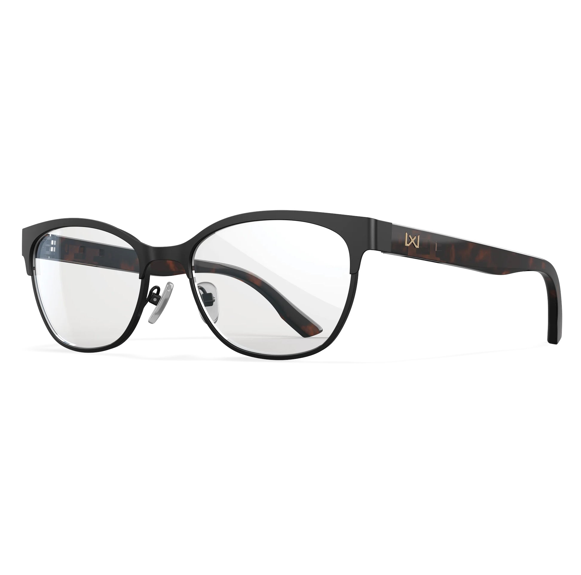 Black Wiley X Harmony prescription safety glasses with demi-patterned temples and clear lenses.