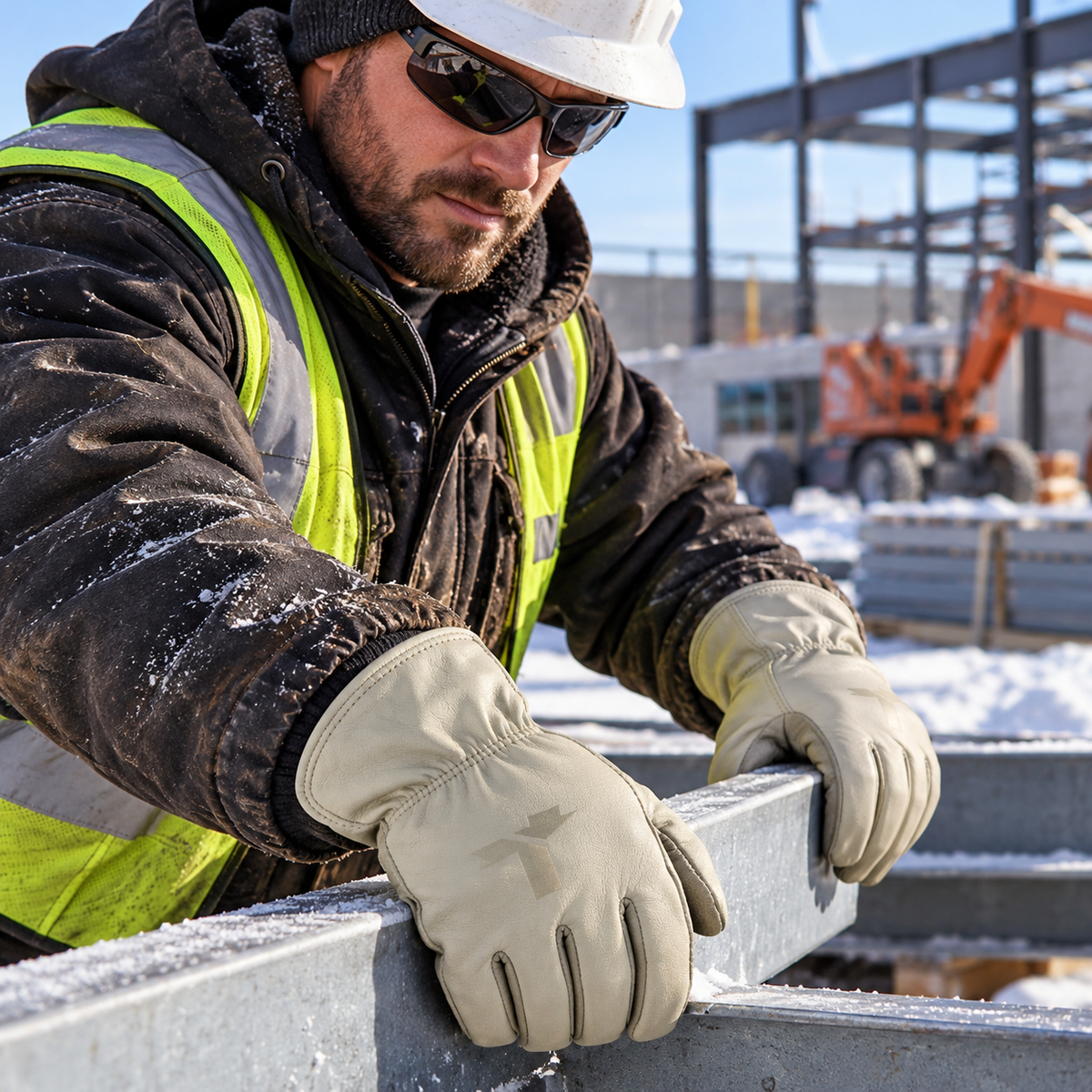 A close-up of a construction worker in a snowy outdoor setting, wearing a white hard hat, sunglasses, a high-visibility neon yellow vest, a dark jacket, and LIFT Safety 8 Second Winter Leather Gloves