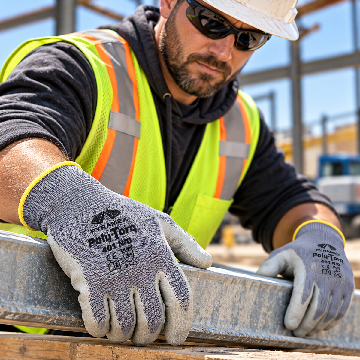 A close-up of a construction worker wearing gray and yellow Pyramex GL401 Nitrile work gloves, a high-visibility safety vest, and a white hard hat while handling a steel beam at a construction site.