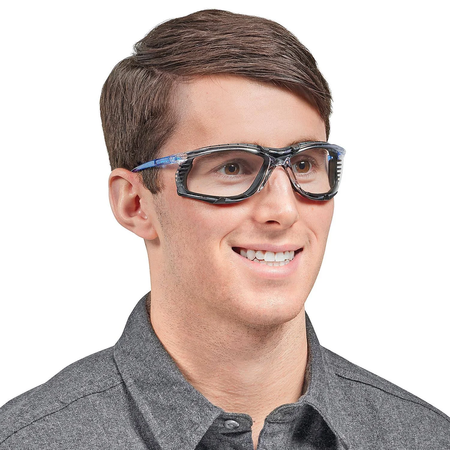 Worker wearing 3M Virtua CCS Bifocal Safety Glasses with foam-padded Blue frame