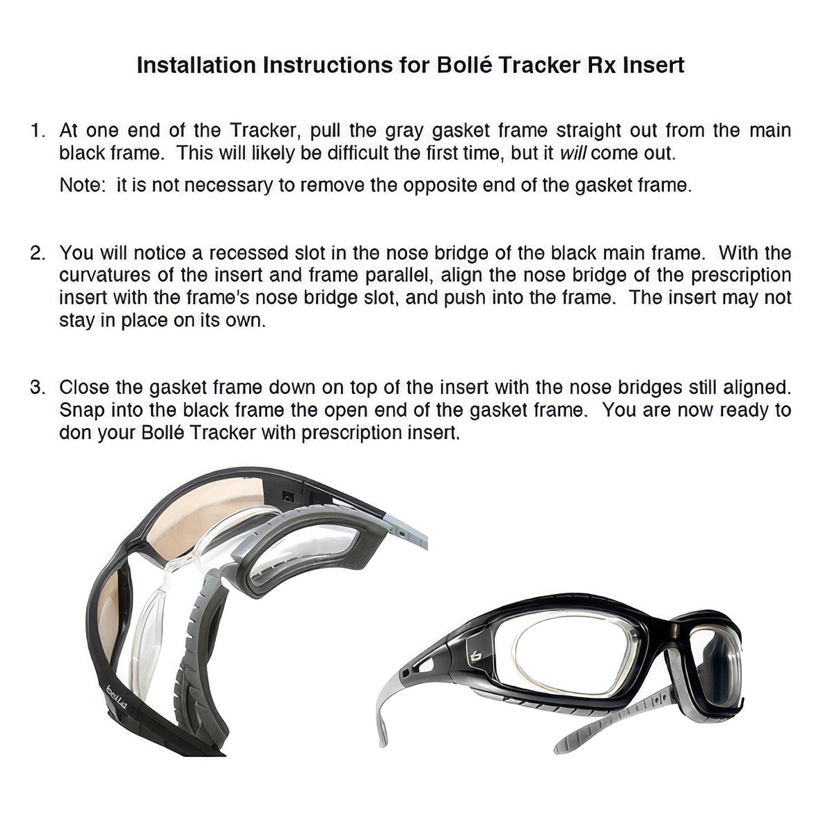 Bollé Tracker Rx insert with a translucent Grilamid frame and black safety glasses showing installation steps.