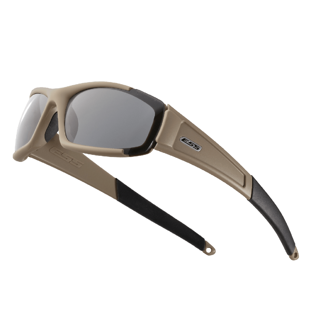 ESS CDI Ballistic Sunglasses with Terrain Tan Frame and Clear and Smoke Lenses Profile View