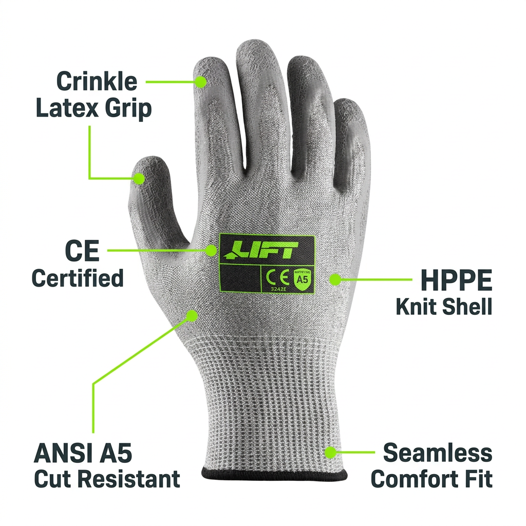 Lift Safety FiberWire A5 Crinkle Latex Gloves