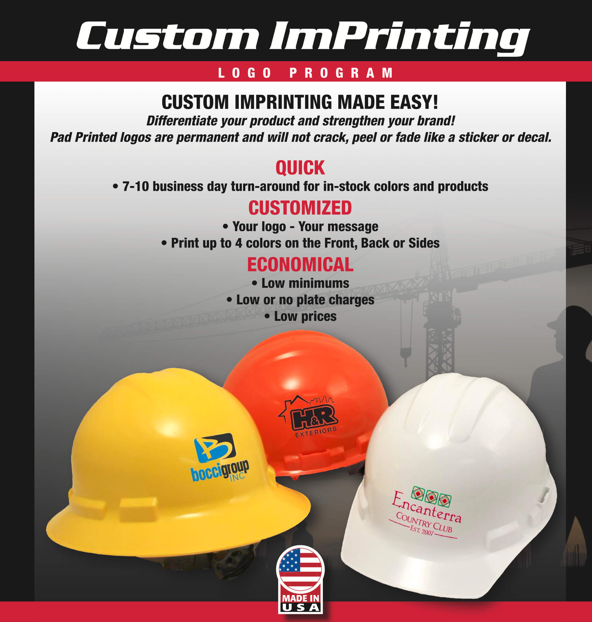 Radians Quartz Full Brim Hard Hats Custom Imprinting Information