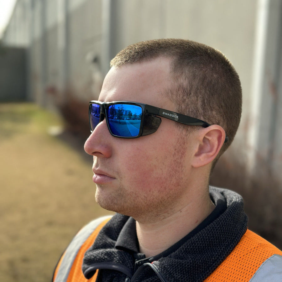 MCR Safety Swagger SR2 Safety Glasses Black with Blue Diamond Polarized Lenses