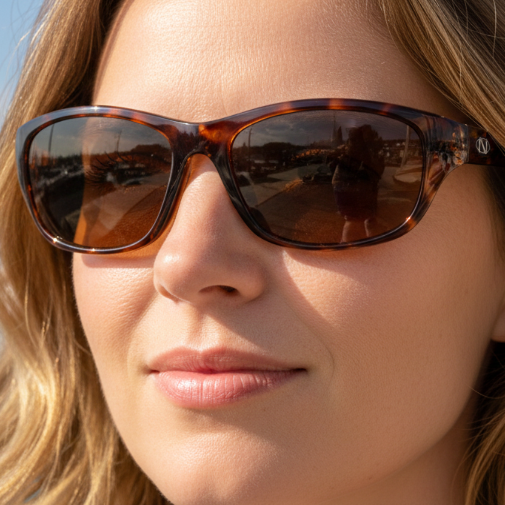 Woman wearing ONOS Oak Harbor Polarized Sunglasses with a marina background