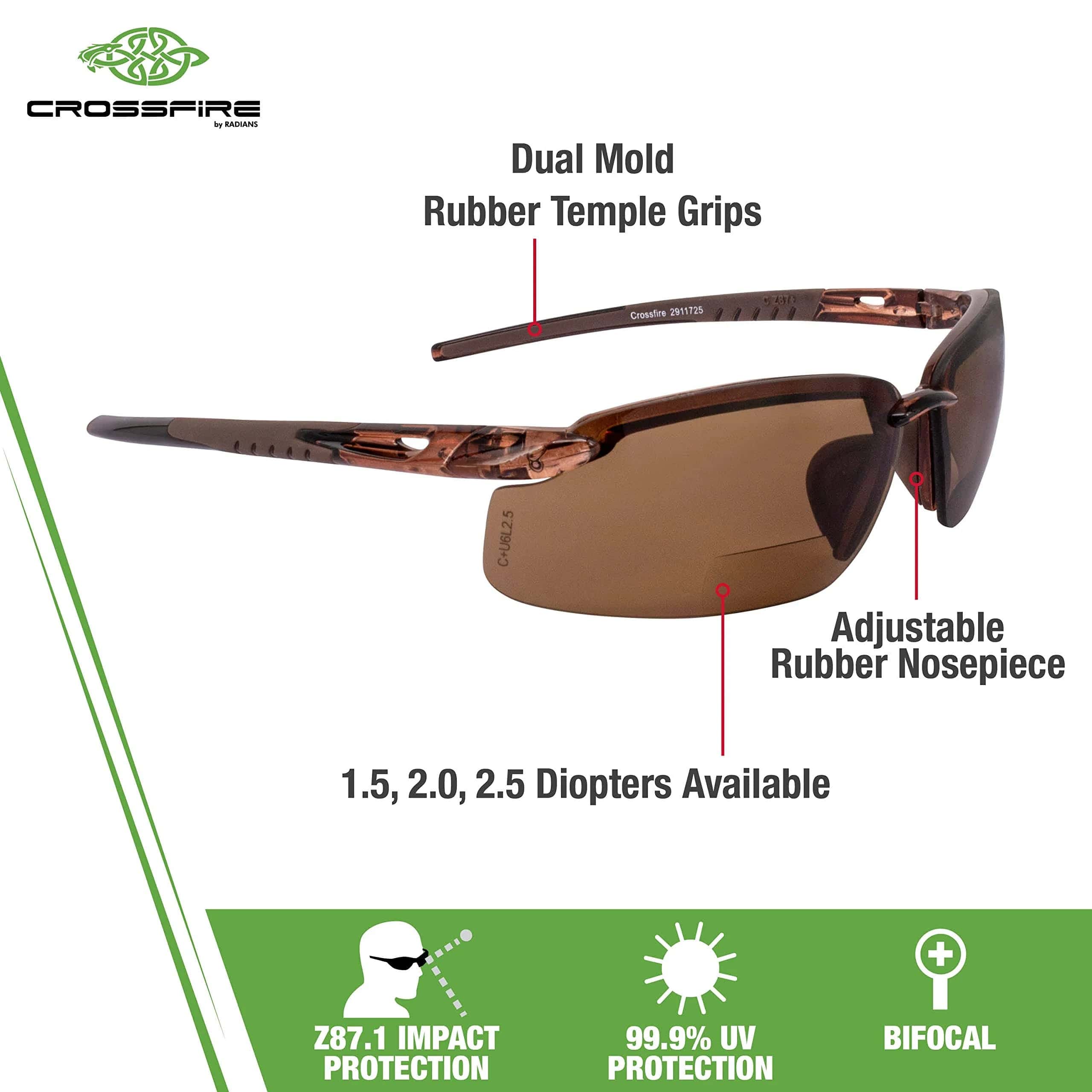 Crossfire ES5 Bifocal Safety Glasses with Crystal Brown Frame and HD Brown Lens