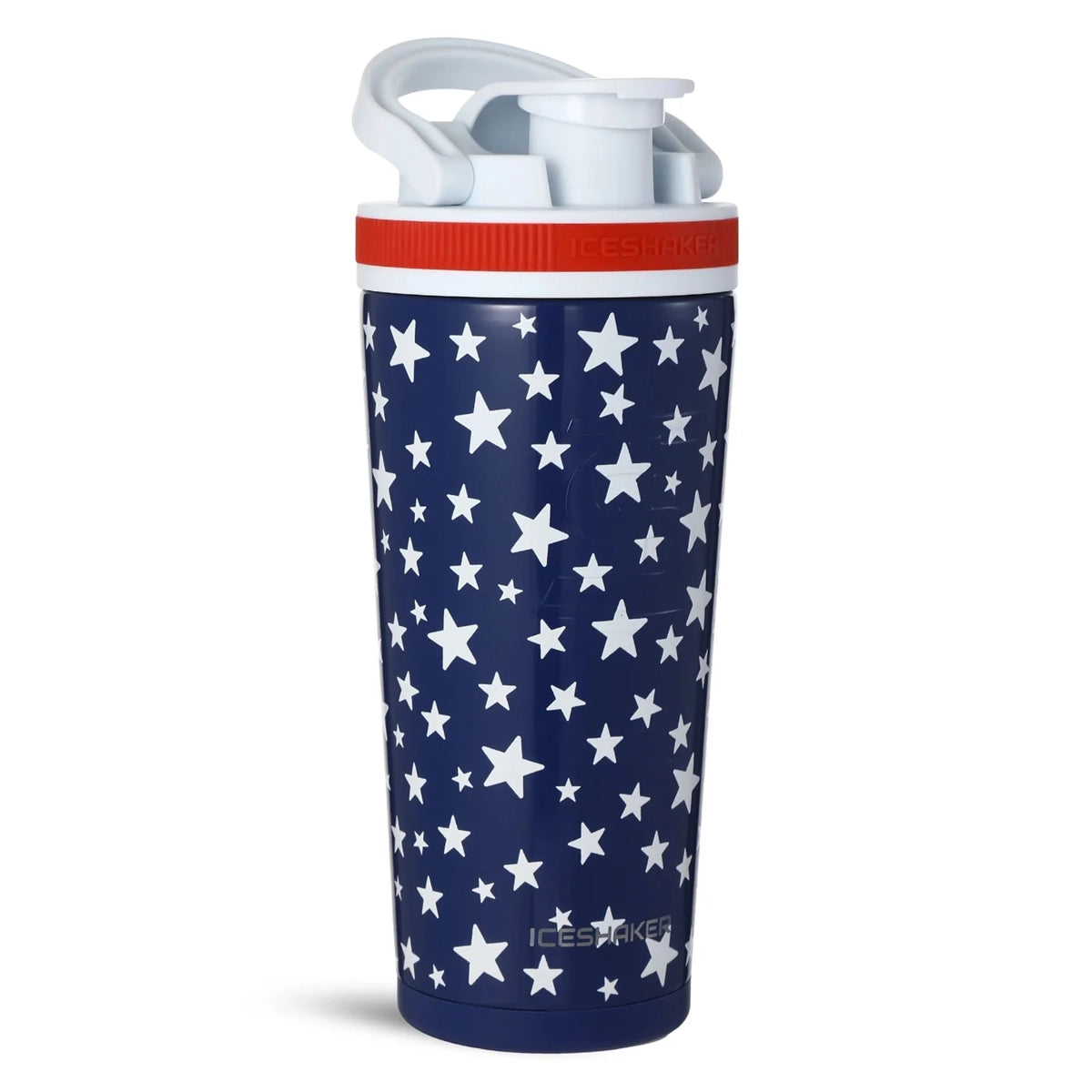 26oz Ice Shaker bottle in navy blue with white star pattern, red rim, and white flip-top lid.