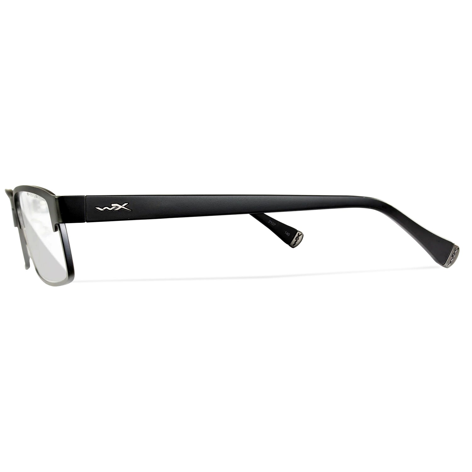 Wiley X Fusion matte black metal prescription safety glasses with clear lenses and removable ANSI Z87.1 side shields.