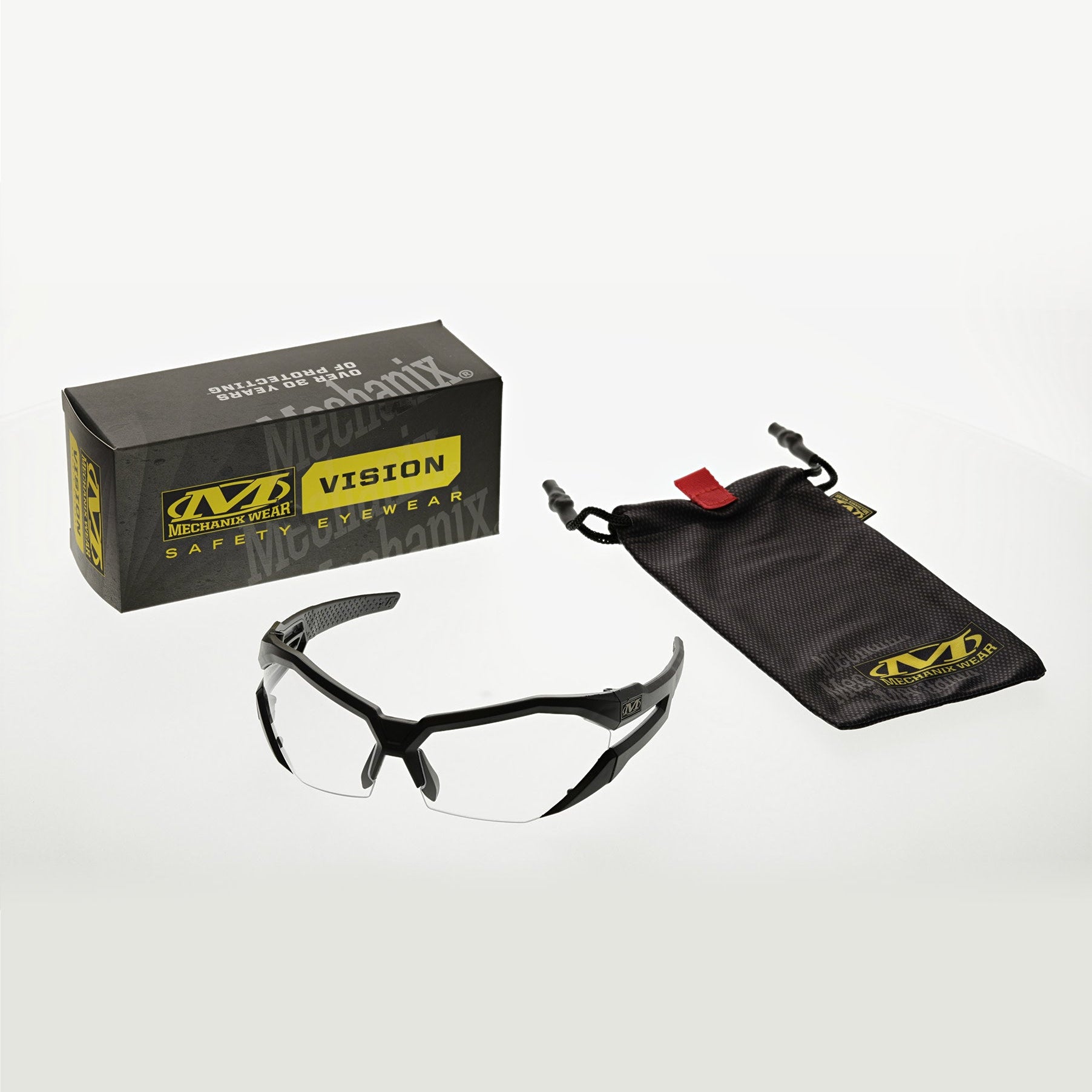 Mechanix Wear Type-V Safety Glasses VVS-10AE-BU with Black Frame and Clear Anti-Fog Lenses Box Contents