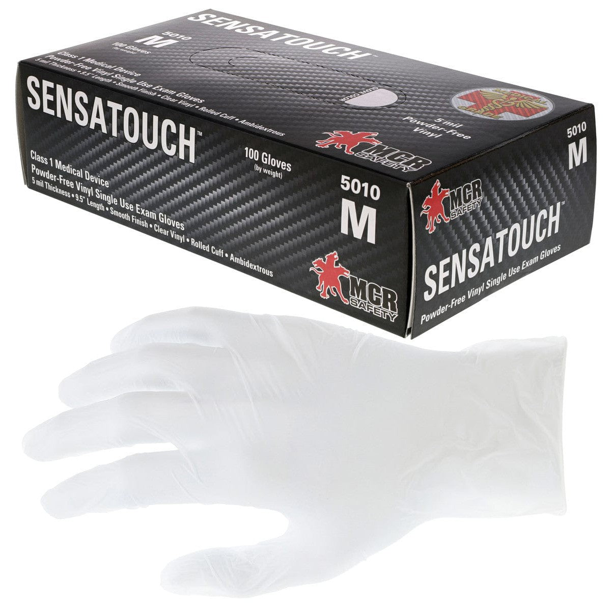 MCR Safety 5010 SensaTouch Disposable Gloves, Clear Vinyl, Medical Grade, Powder Free, 5-Mil Box 100