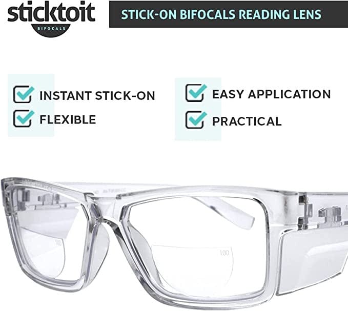 Sticktoit Stick-On Bifocal Lenses Installed on Safety Glasses