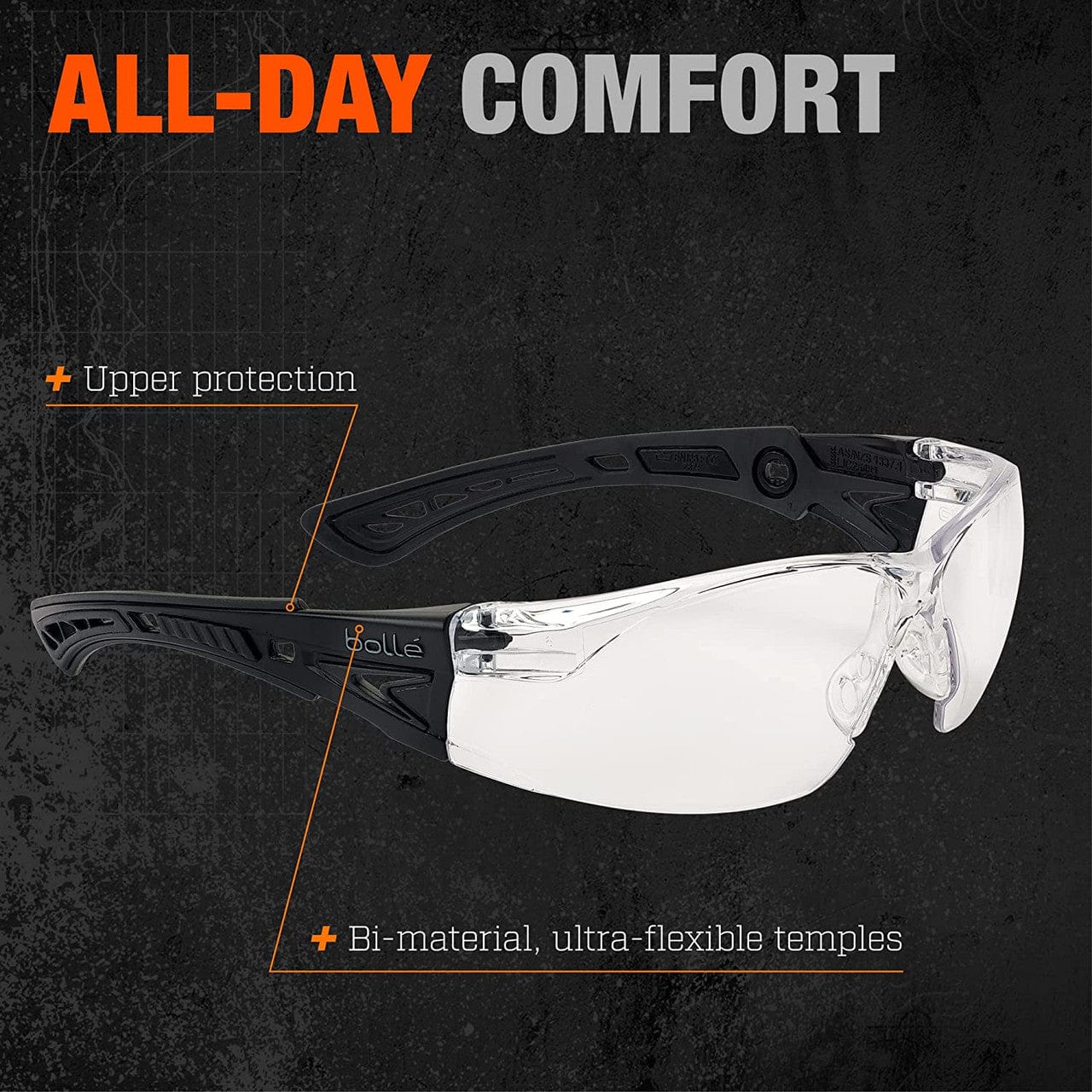 Bolle Rush Plus BSSI Ballistic Safety Glasses with Clear Platinum Anti-Fog Lens Frame Info