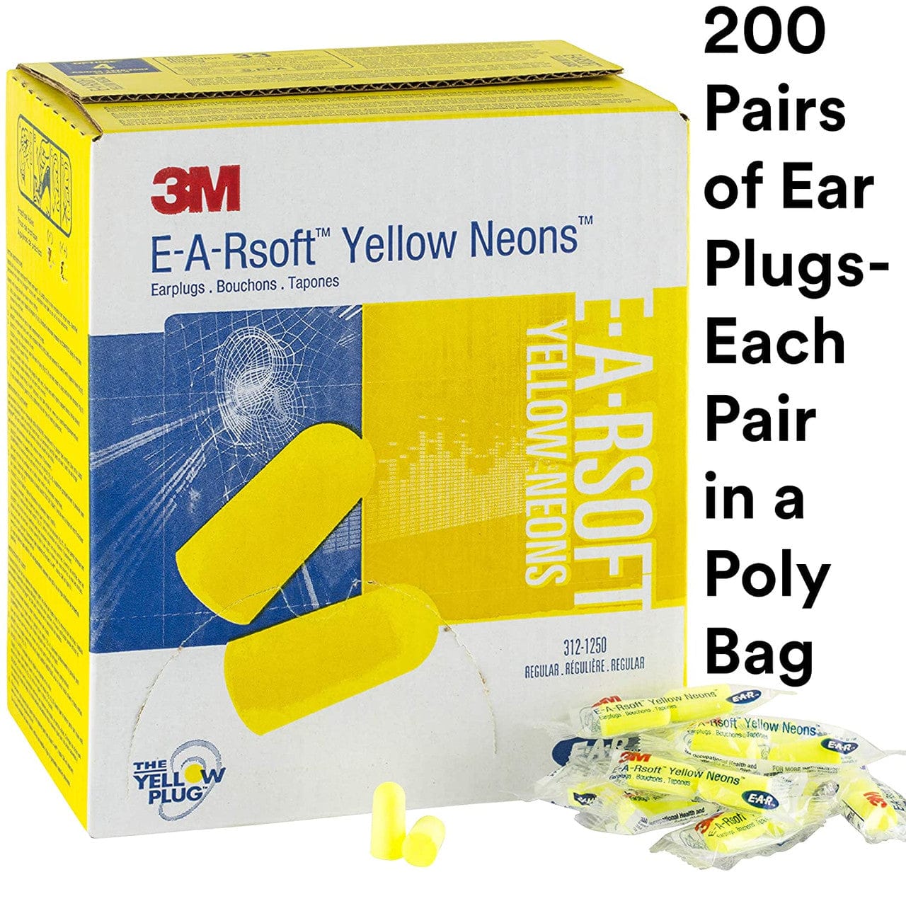 3M E-A-RSoft Yellow Neons 312-1250 Uncorded Earplugs NRR-33 Box 200 Pairs