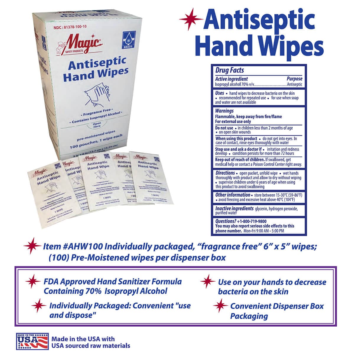 Magic Antiseptic Hand Wipes Box 100 Pre-Moistened Wipes Spec Sheet