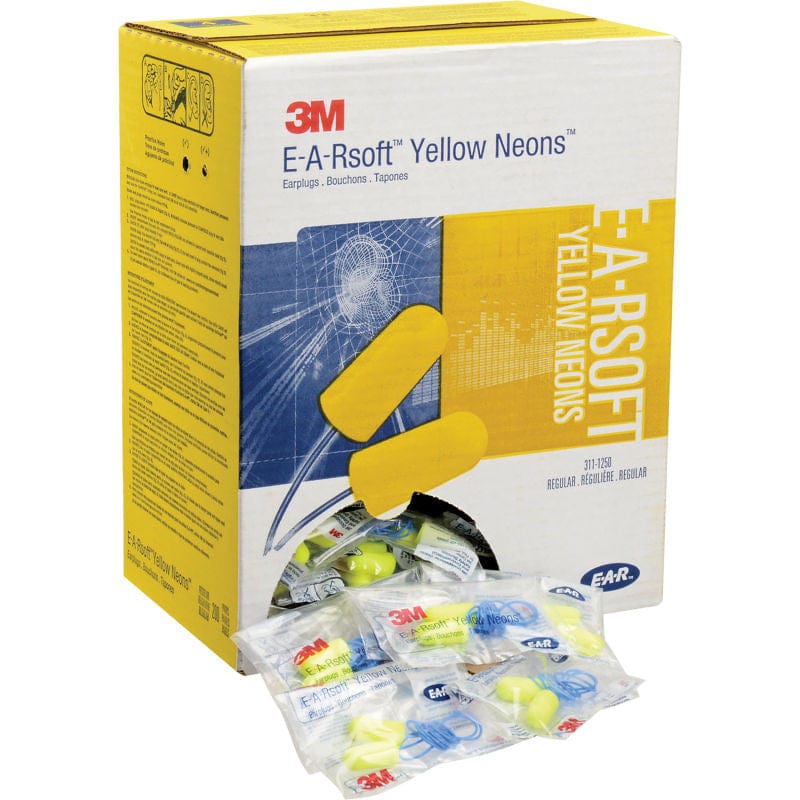3M E-A-RSoft Yellow Neons Corded Earplugs NRR-33, 200 pairs per box