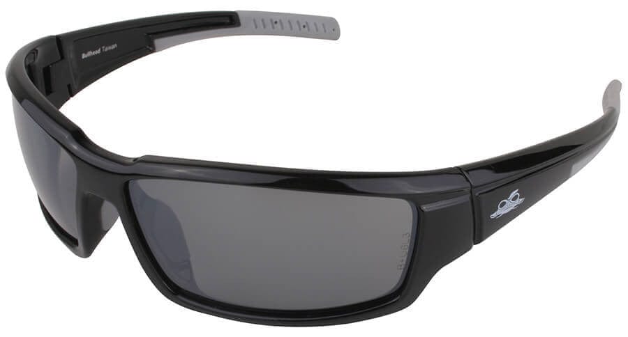 Bullhead Maki Safety Glasses with Shiny Black Frame and Polarized Silver Mirror Lens