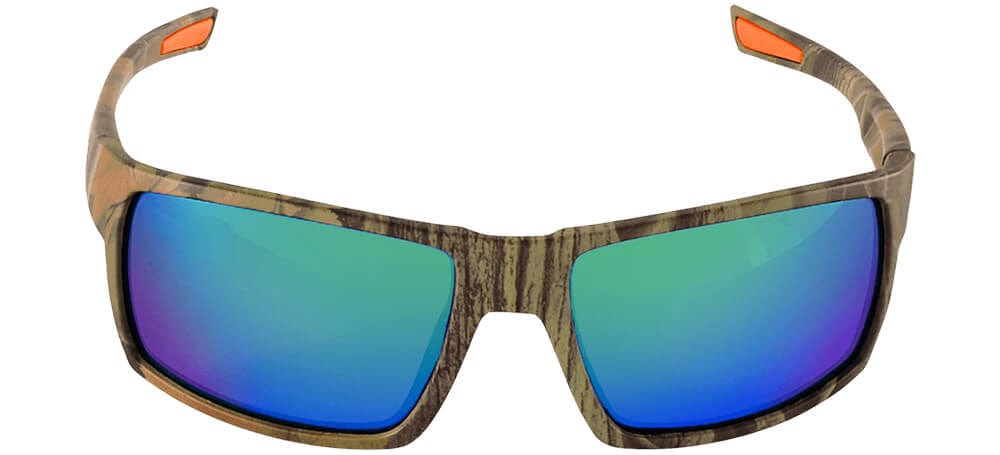 Bullhead Sawfish Safety Glasses with Camo Frame and Green Mirror Anti-Fog Lens BH261016AF - Front View
