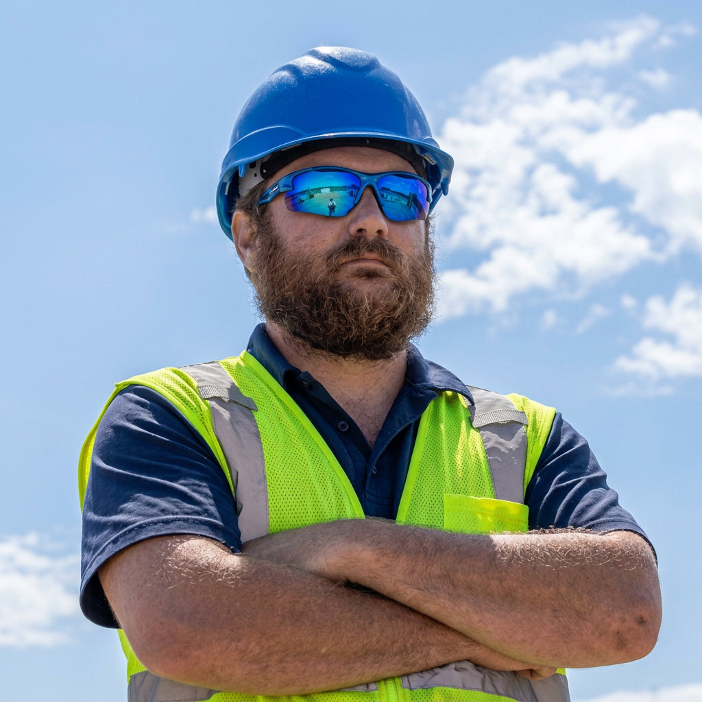 Bullhead Sawfish Safety Glasses with Tortoise Frame and Polarized Blue Mirror Anti-Fog Lens BH2679PFT - Man Wearing Bullhead Sawfish2