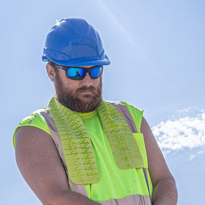 Bullhead Sawfish Safety Glasses with Tortoise Frame and Polarized Blue Mirror Anti-Fog Lens BH2679PFT - Man Wearing Bullhead Sawfish2