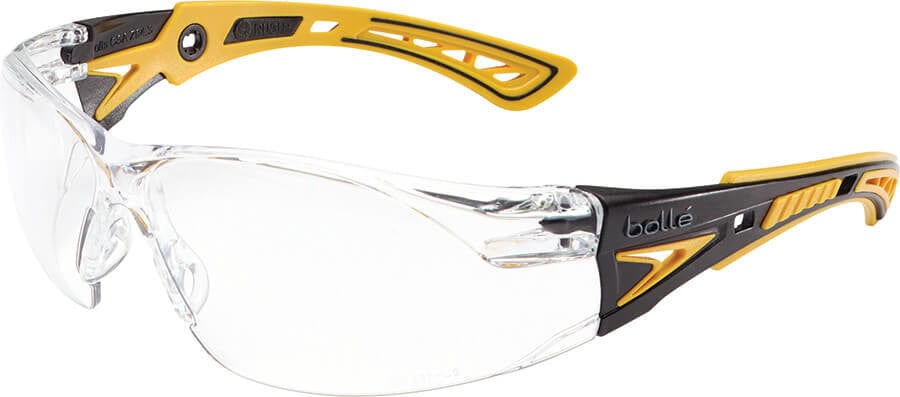 Bolle Rush Plus Safety Glasses with Black/Yellow Temples and Clear Platinum Anti-Fog Lens