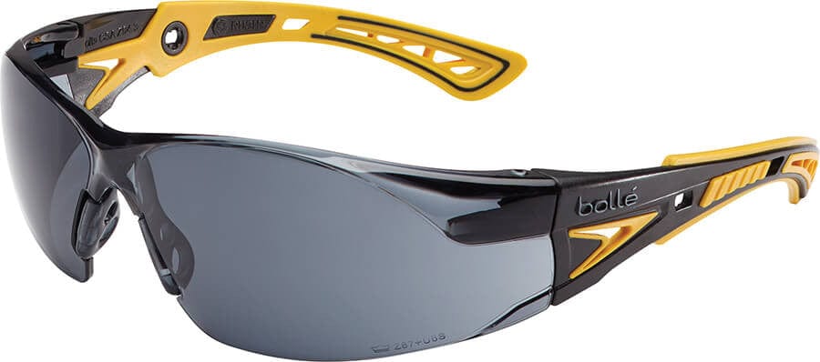 Bolle Rush Plus Safety Glasses with Black/Yellow Temples and Smoke Platinum Anti-Fog Lens