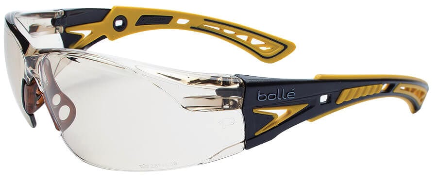 Bolle Rush Plus Safety Glasses with Black/Yellow Temples and CSP Indoor/Outdoor Platinum Anti-Fog Lens