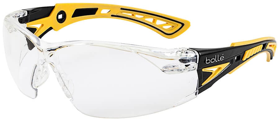 Bolle Rush Plus Small Safety Glasses with Black/Yellow Temples and Clear Platinum Anti-Fog Lens