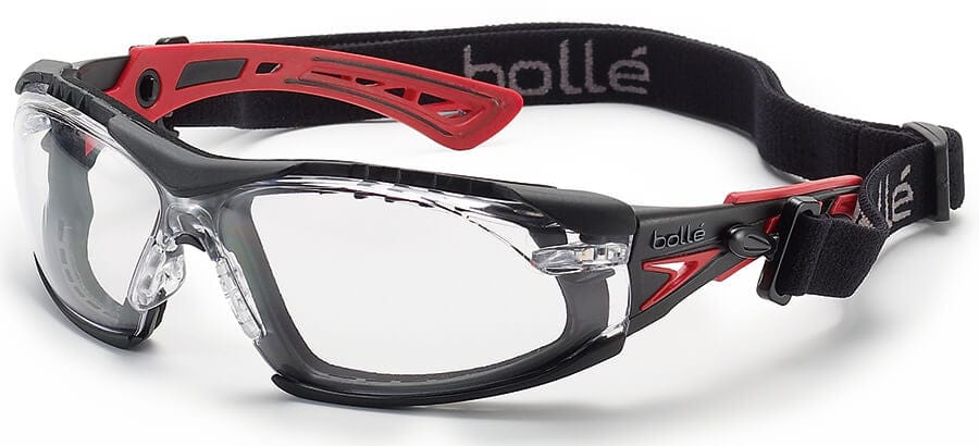 Bolle Rush Plus Safety Glasses with Black/Red Temples, Foam Gasket and Clear Platinum Anti-Fog Lens 40252