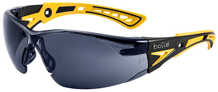Bolle Rush Plus Small Safety Glasses with Black/Yellow Temples and Smoke Platinum Anti-Fog Lens