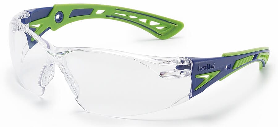 Bolle Rush Plus 40256 Safety Glasses with Blue/Green Temples and Clear Platinum Anti-Fog Lens