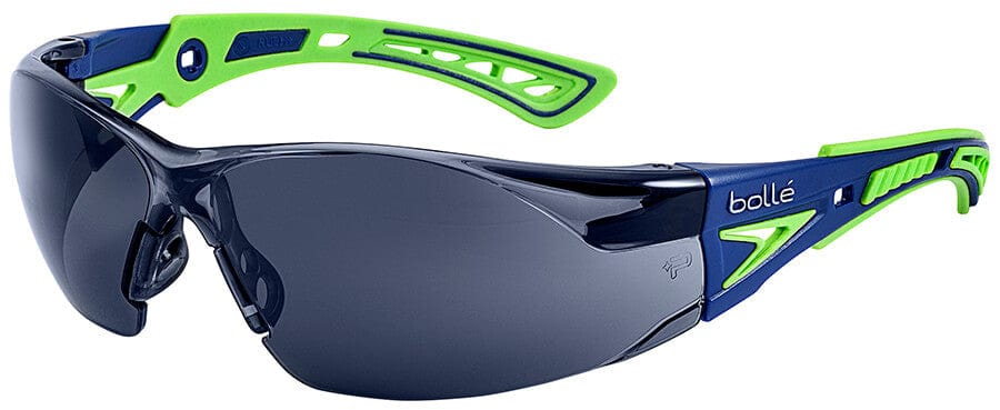 Bolle Rush Plus Safety Glasses with Blue/Green Temples and Smoke Platinum Anti-Fog Lens