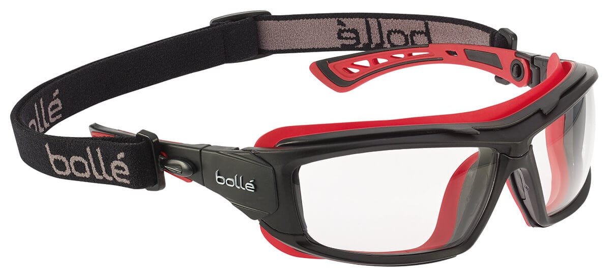 Bolle ULTIM8 Safety Glasses/Goggle with Black/Red Temples, Foam Gasket and Clear Platinum Anti-Fog Lens - With Temples & Strap