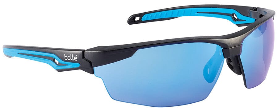 Bolle Tryon Safety Glasses with Black & Blue Frame and Blue Flash Mirror Lens 40304