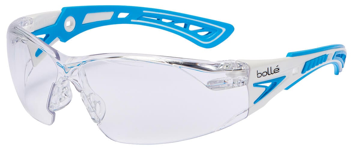 Bolle Rush Plus Safety Glasses with White/Blue Temples and Clear Platinum Anti-Fog Lens PSSRUSP085